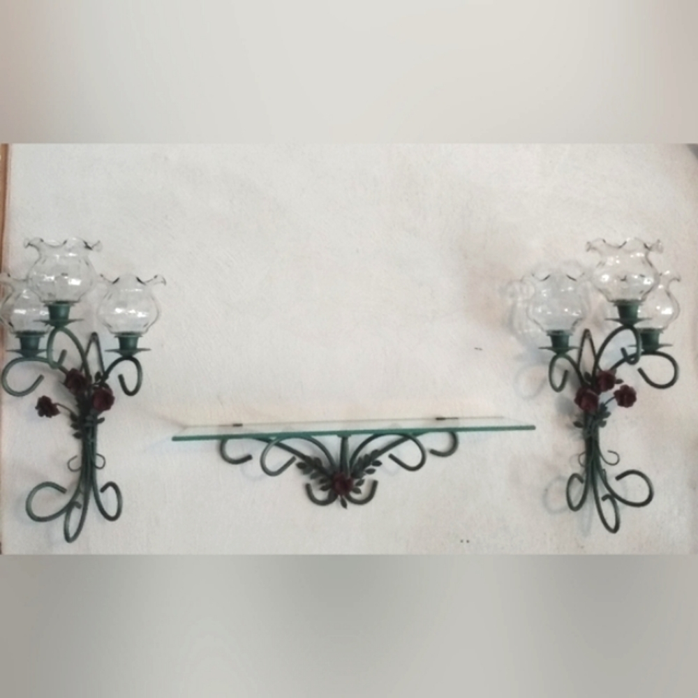 Vintage green metalwork tole red rose candleholders and shelf